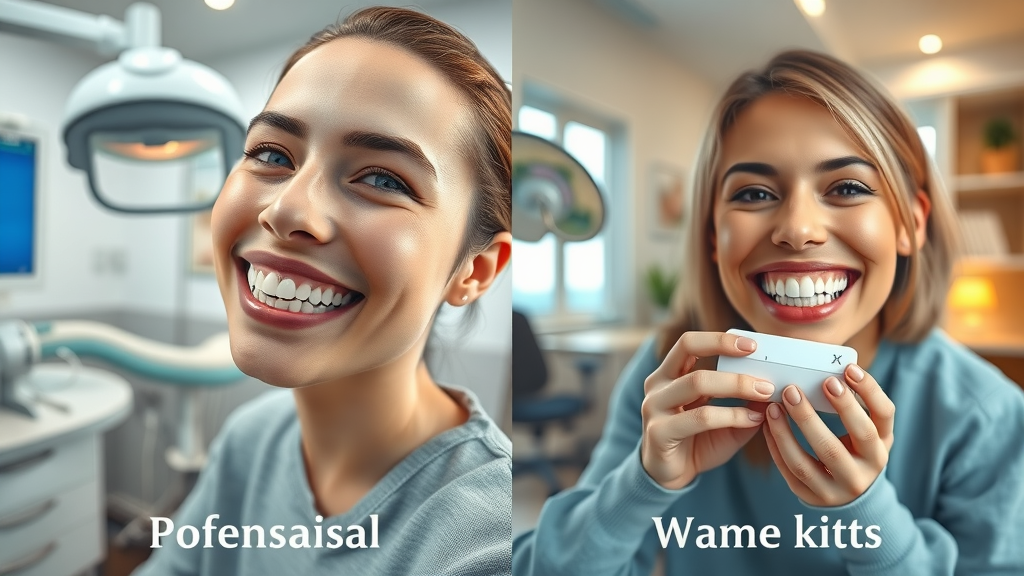 Professional teeth whitening Miami compared to at-home kits in a detailed dental office and home environment.
