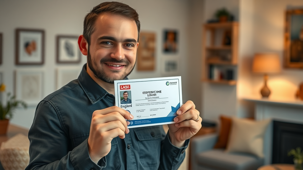 Gas Safe registered engineer showing ID for Plumbing & Heating Services Chesterfield, living room environment, warm colour palette, soft lighting