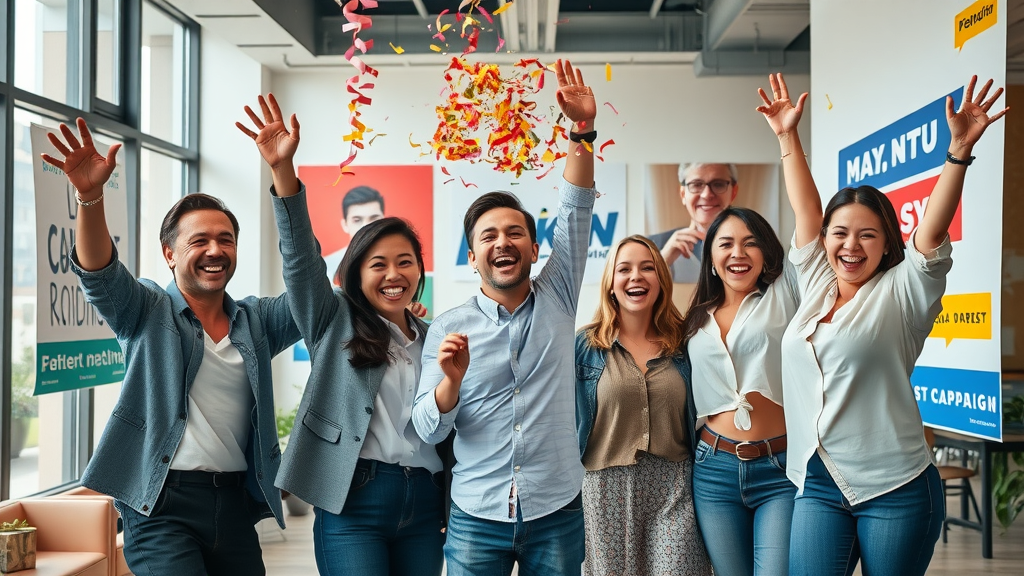 Well-known brand team celebrating campaign success, highlighting the power of effective marketing branding in driving sales and business growth.