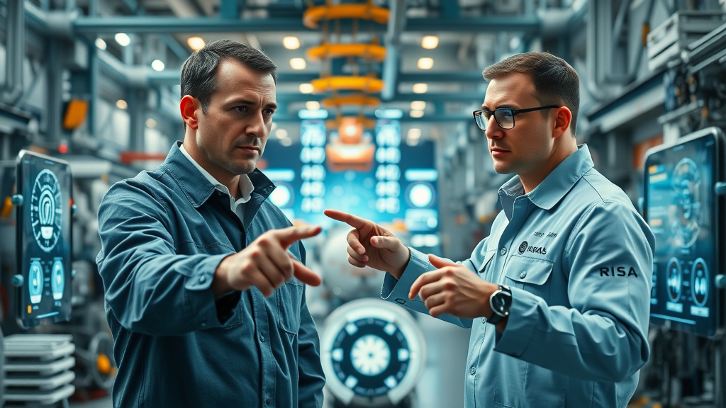 vibrant futuristic North American shipyard, engineers using AI-driven dashboards, high-tech equipment and digital holograms