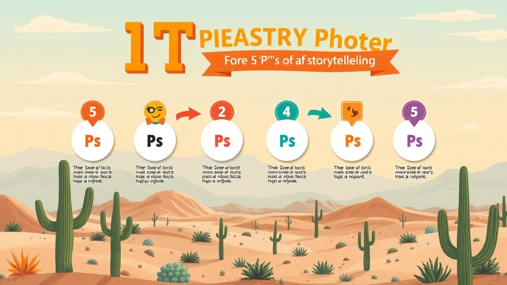 Infographic illustrating 5 P’s and 4 P’s of storytelling in marketing, colorful with Phoenix desert backdrop.