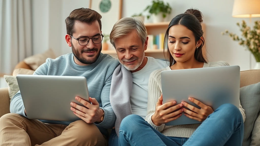 modern family thoughtfully comparing caskets online together at home, browsing quality wood and metal caskets