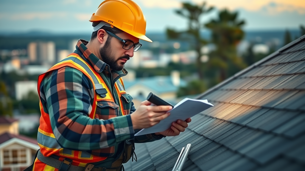 roofing contractor experienced safety gear inspecting roof shingles with flashlight documenting roof inspection