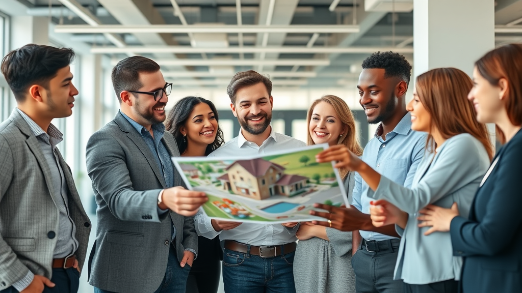 Diverse real estate professionals building area-specific expertise in a collaborative modern office United States