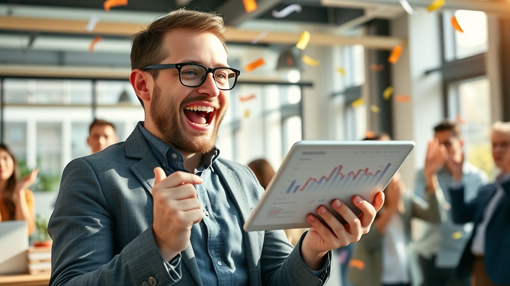Business owner celebrating digital marketing success with soaring traffic analytics and team applause