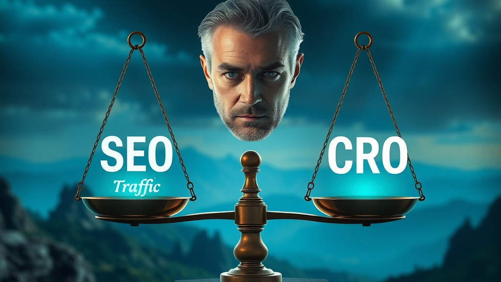 SEO vs CRO, search engine traffic vs conversion optimization balanced on a digital scale