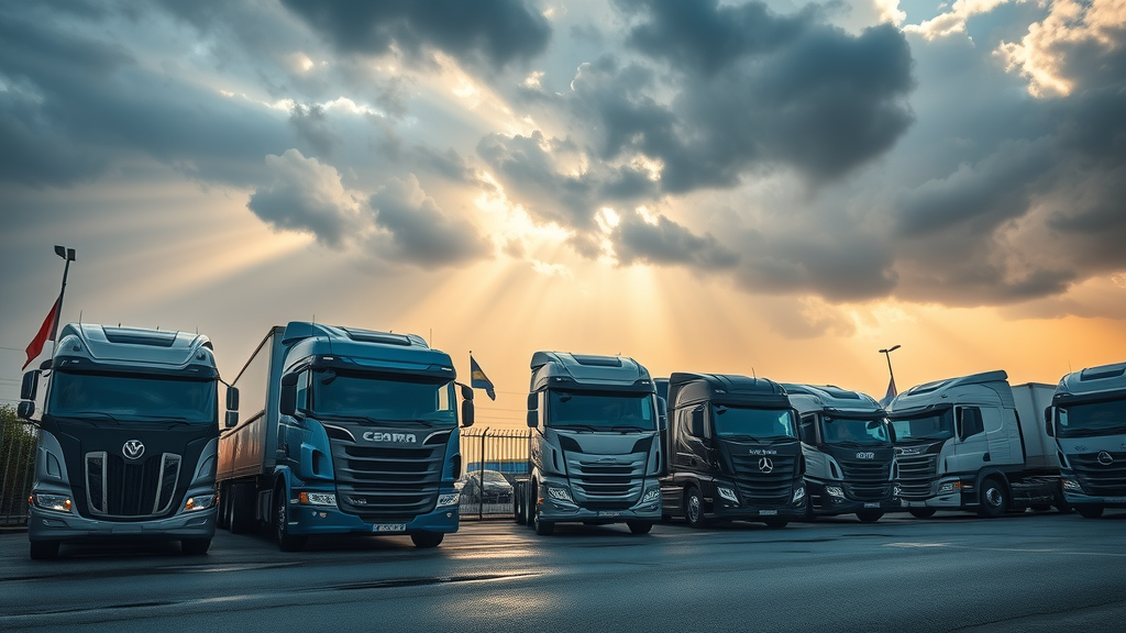 Fleet of trucks protected by trucking insurance parked safely at sunrise