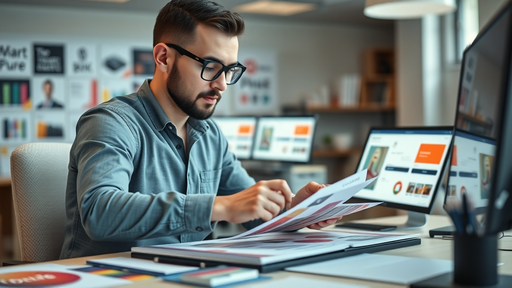 sleek branded materials on a desk, designer analyzing brand assets, modern agency workspace - visual branding strategy