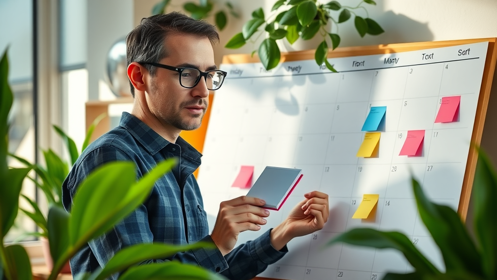 content marketing strategies marketer organizing color-coded content calendar on a month board