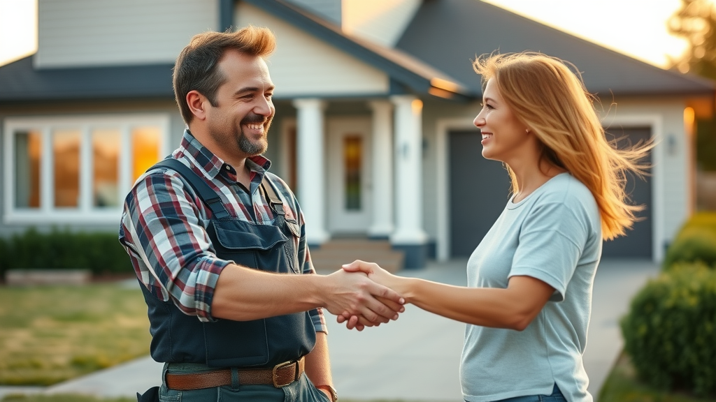 roofing contractor attentive homeowner handshake roof inspection process friendly modern home background