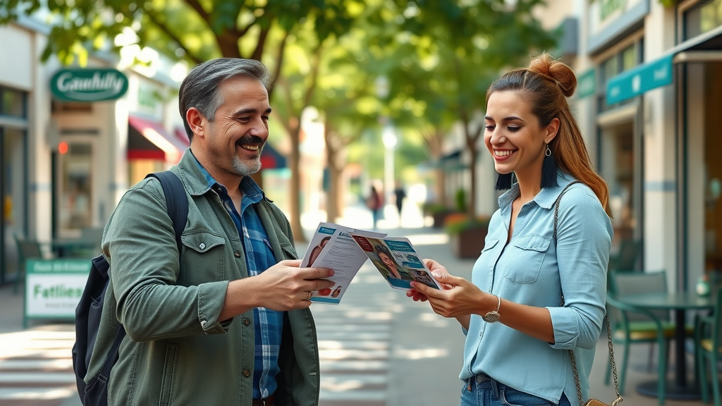 Local business partners collaborating on sidewalk promotions, organic social media marketing local