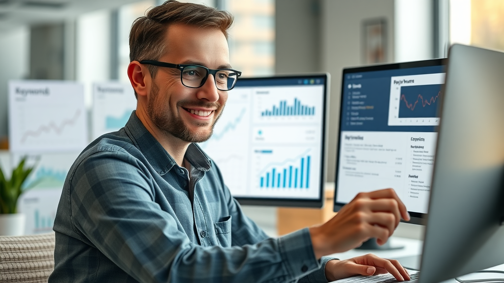 digital marketer reviewing keyword research SEO tools for on-page optimization improvements