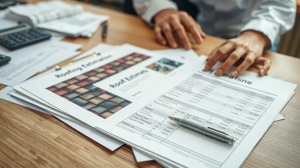 Roofing samples and cost estimate documents representing roofing replacement cost comparisons