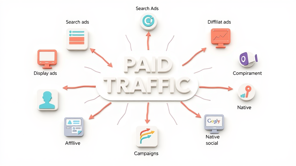 Infographic of paid traffic sources including search ads, display ads, affiliate, native and social media campaigns