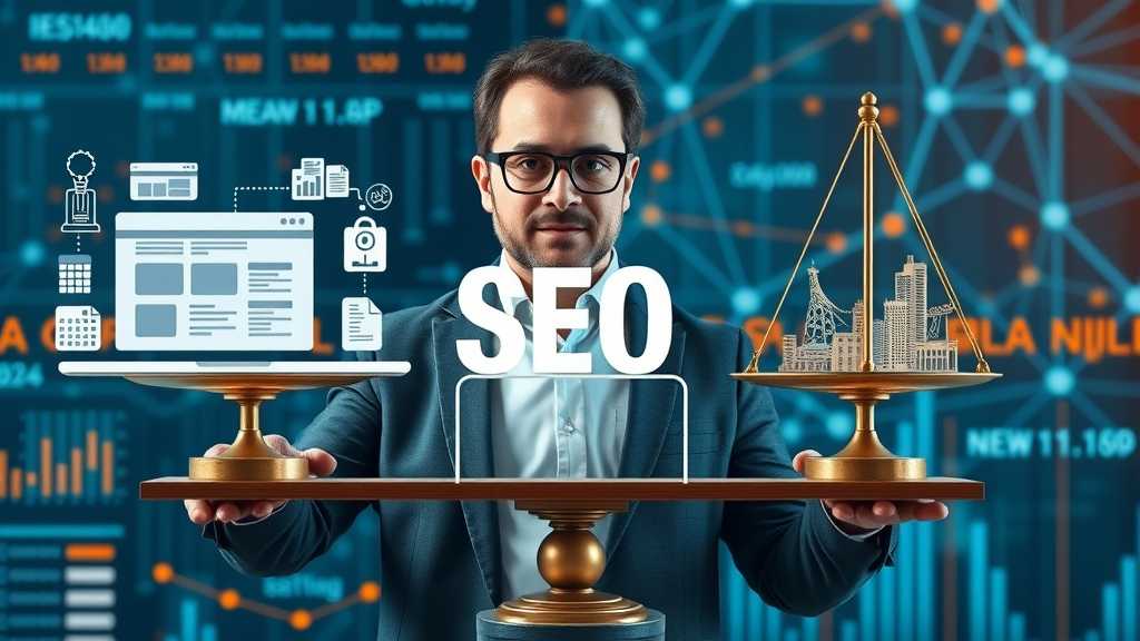 Professional SEO consultant comparing off-page and on-page SEO, balanced scale, digital world background, split plates, blue and orange hues