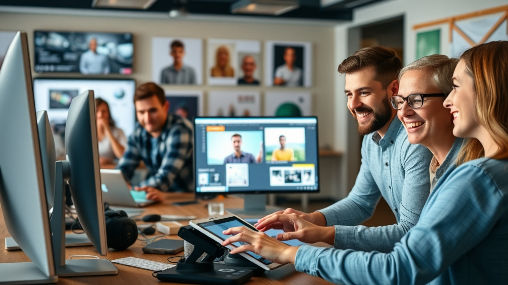 content marketing strategies engaged design team creating multimedia assets in digital studio