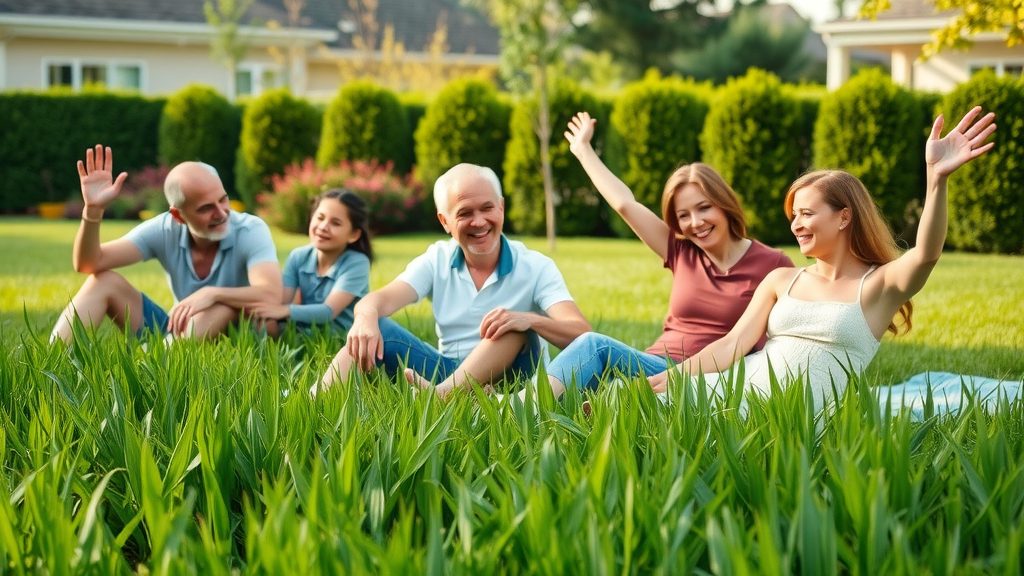 lush suburban lawn in Portage, Michigan with healthy vibrant grass, families relaxing outdoors, and trimmed hedges representing expert lawn care in portage, mi
