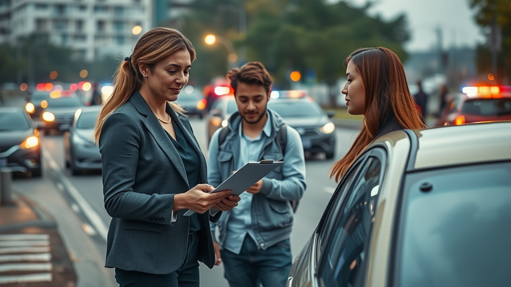 Auto accident attorney consults injured couple at accident scene for fast help.