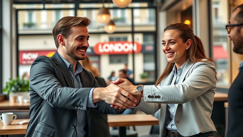 Business owners and influencers collaborating in a trendy London cafe