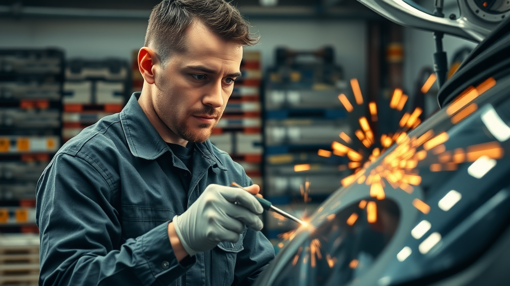 technician working with specialized tools in auto shop - labor cost in auto body repair