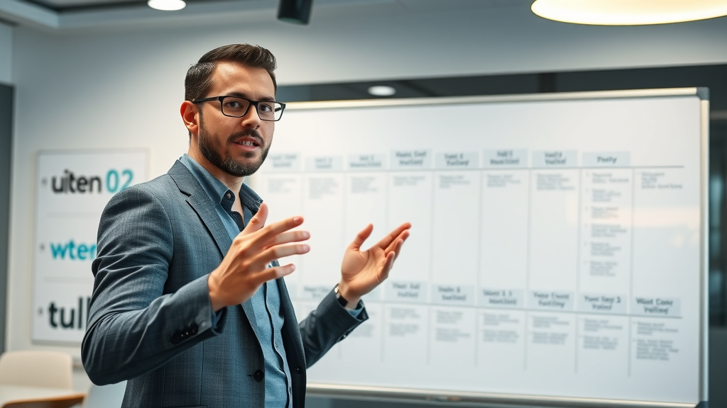 Professional brand manager planning video advertising strategy, confident and visionary, mapping out a campaign timeline on a large whiteboard, Photorealistic High Fidelity Lifelike, modern agency meeting room with branding elements, highly detailed, hands gesturing towards the board, cool neutral colors, balanced LED lighting, shot with a portrait lens. Video campaign strategy.