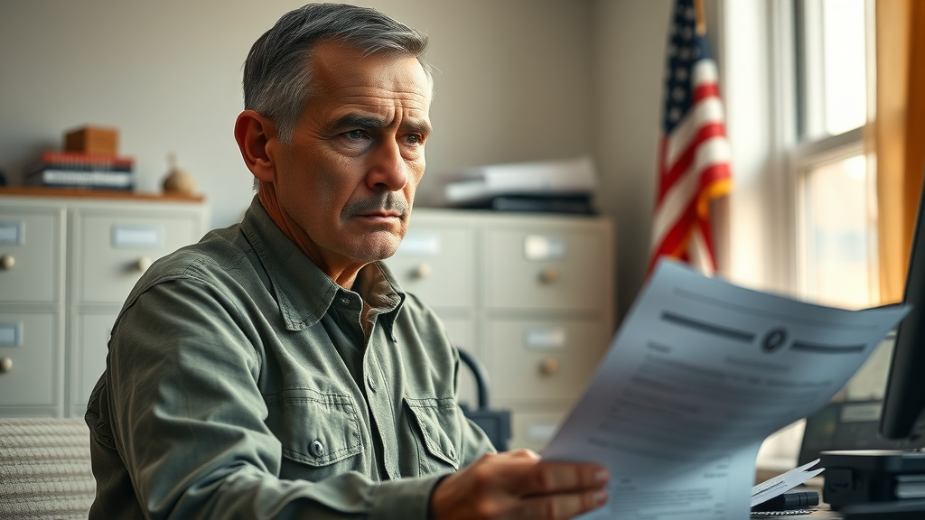 Determined U.S. military veteran reviewing paperwork at home office for VA secondary claims