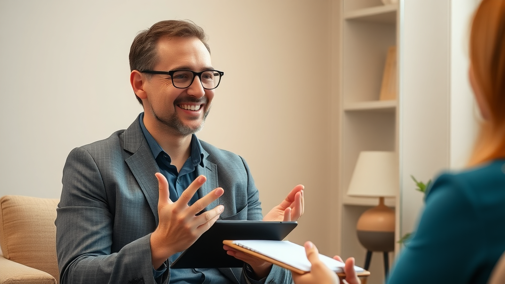 Knowledgeable business coach responding to client inquiries in cozy consultation room