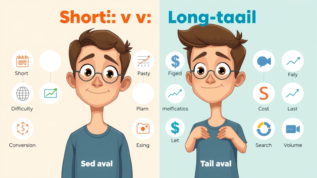 illustrated comparison of short-tail and long-tail keyword approaches for contractors