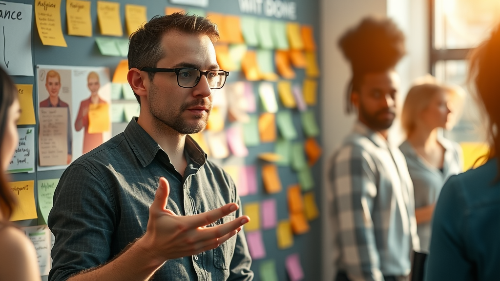 content marketing strategies marketer mapping audience personas with sticky notes in creative team setting