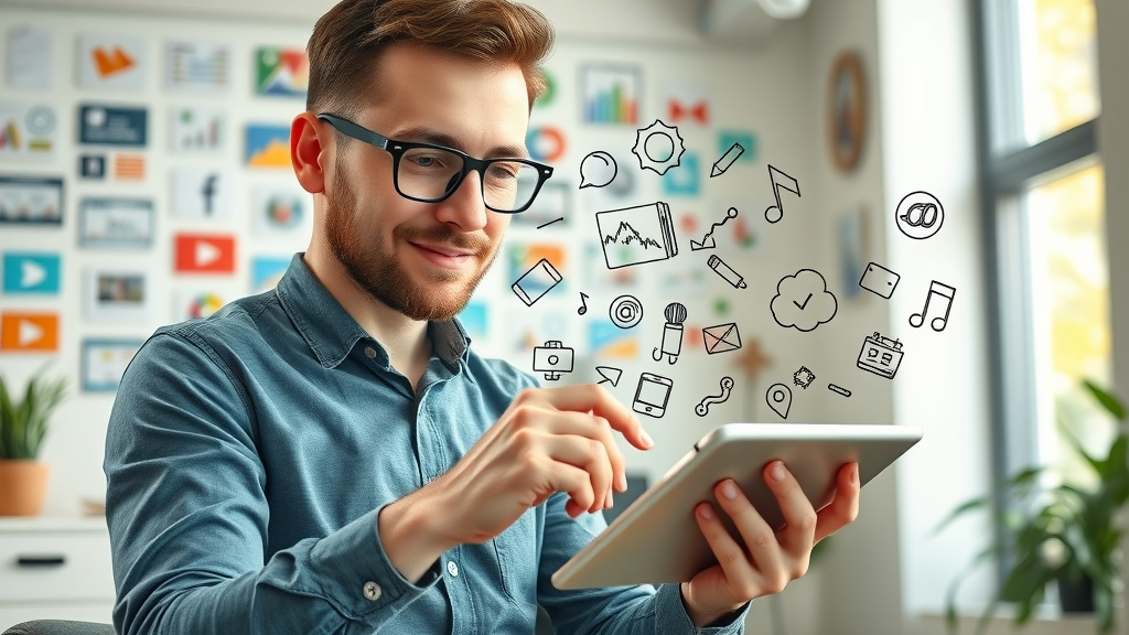 content creator planning blog and video ideas on tablet in colorful office with digital media content wall