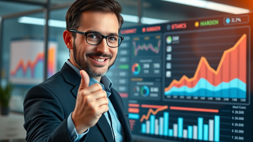 Business professional reviewing cross-channel marketing sales growth charts in a modern workspace, vibrant colors, and upward metrics.