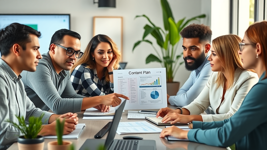 Insightful group of diverse digital marketers collaborating on a content creation plan for social media and blogs in a modern office