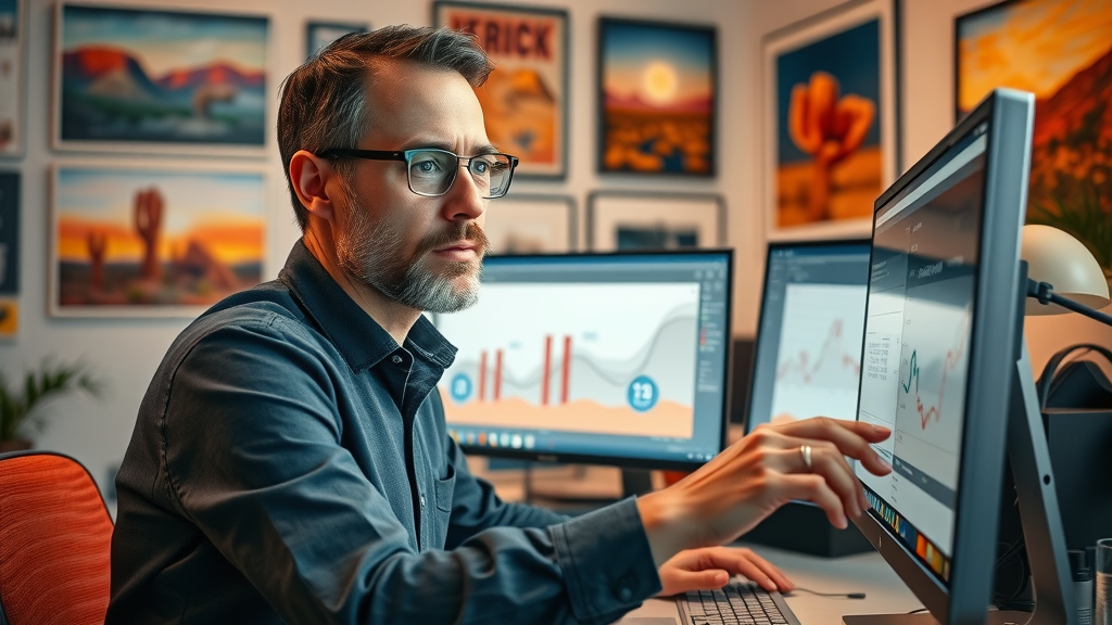 Marketer examining online advertising metrics for Google Ads, google business profile features