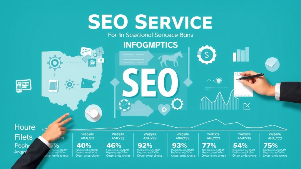Infographic showing SEO service tiers for Ohio small businesses, with tiers, icons, and performance charts.