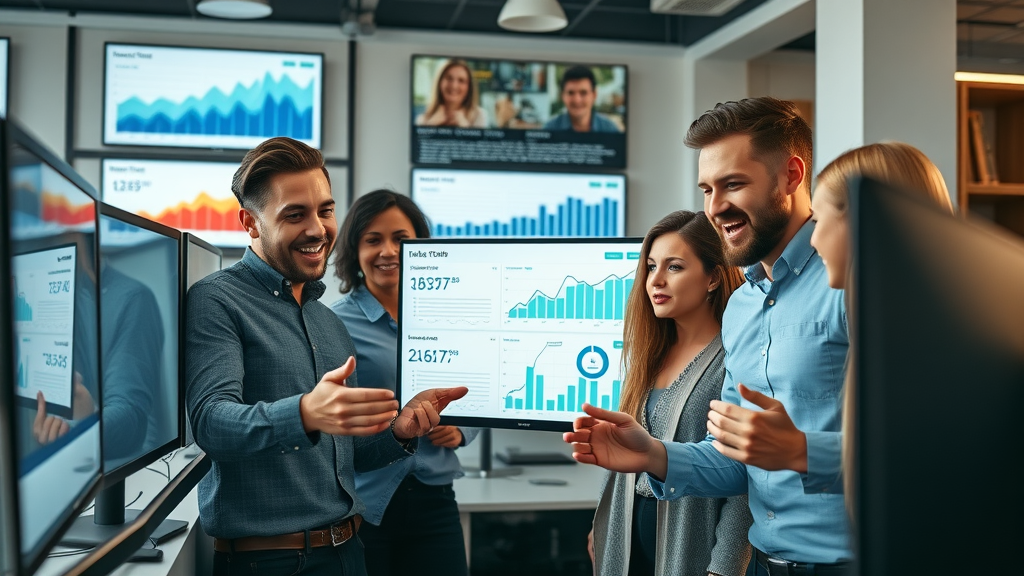 SEO techniques: marketing team collaborating with digital charts and organic traffic growth stats