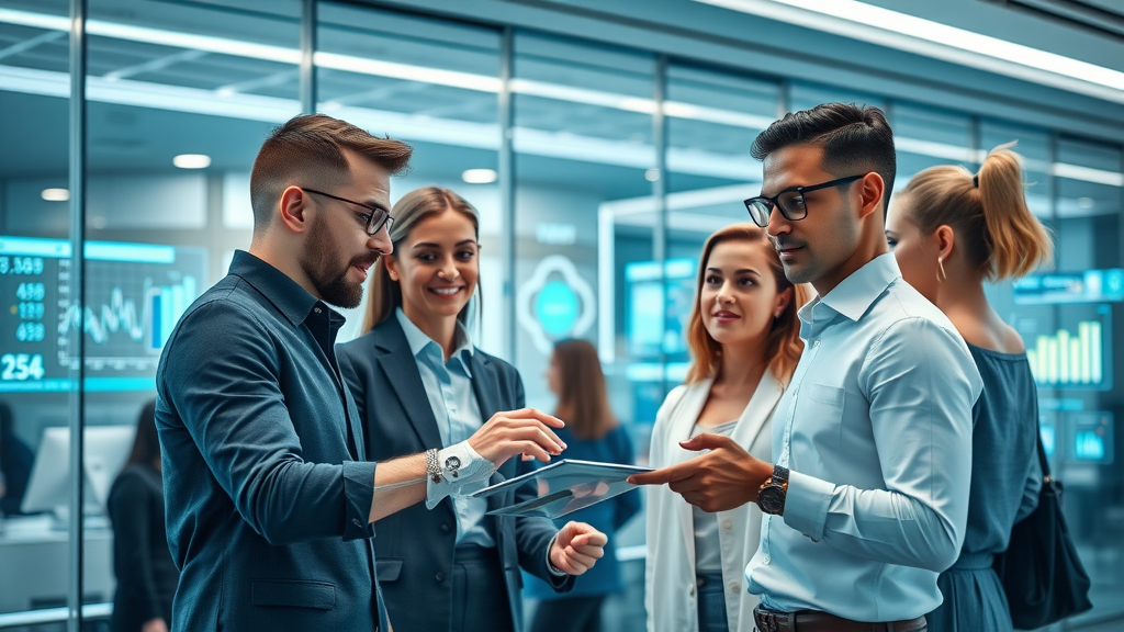 AI marketing agency team and humanoid AI collaborating on digital sales strategy