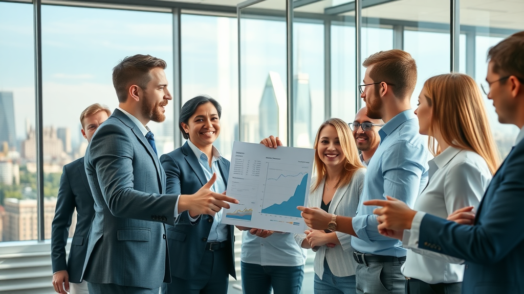 Dynamic marketing team in a sleek modern office collaborating on strategy with fractional CMO benefits, bright glass-walled workspace and city skyline in background