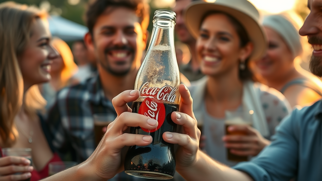 Classic Coca-Cola bottle being held at a joyful outdoor event, illustrating brand equity and positive emotional associations.