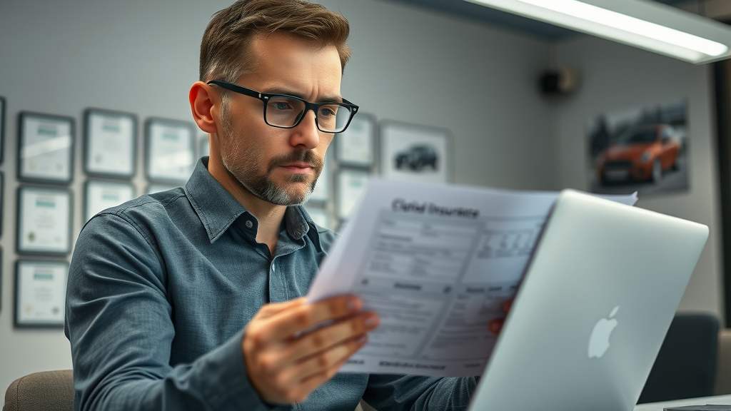 Auto insurance adjuster reviewing insurance auto repair claim paperwork with focused expression