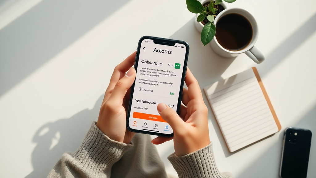 acorns app interface on smartphone, relaxed hands, clean workspace