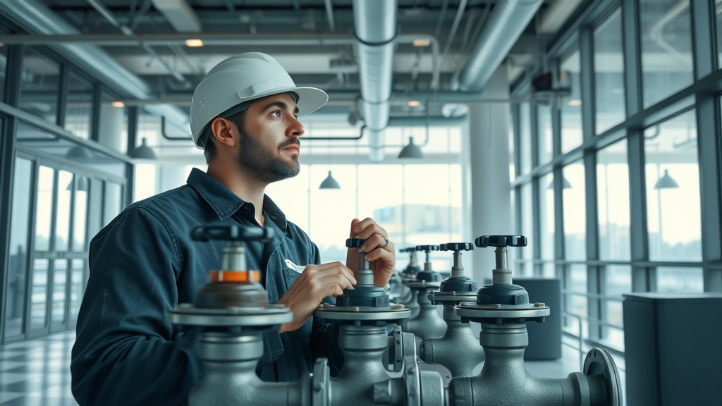 modern commercial building with visible plumbing infrastructure, Plumbing & Heating Services Chesterfield, plumber checking water valves, office interior, tools, blue and gray tones