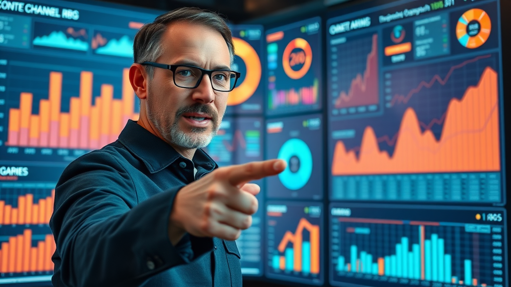vibrant data dashboard visualization with analyst reviewing channel analytics and media metrics