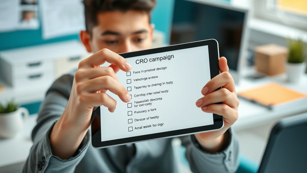 conversion rate optimization checklist, digital tablet showing CRO campaign tasks being completed