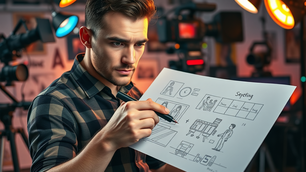 creative videographer sketching a storyboard for a video story in a colorful studio