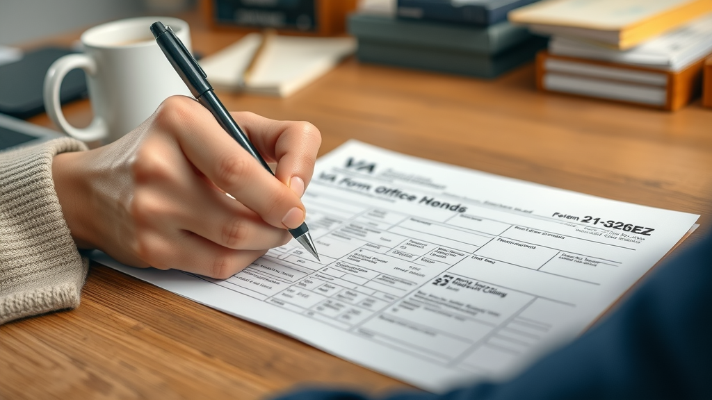 Hands filling out VA Form 21-526EZ for secondary service connection claim