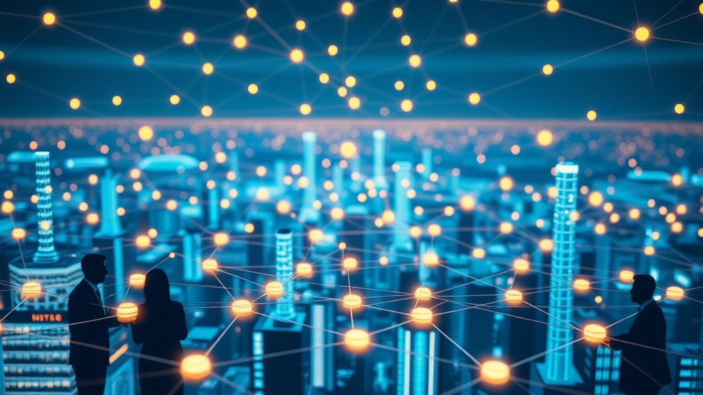Network icons and business professionals connected in a digital cityscape for business growth resources.