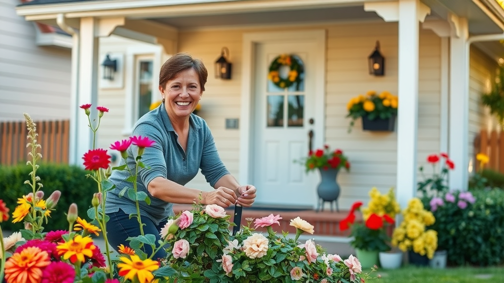 Person planting flowers and adjusting porch lights for improved curb appeal - home improvement strategies