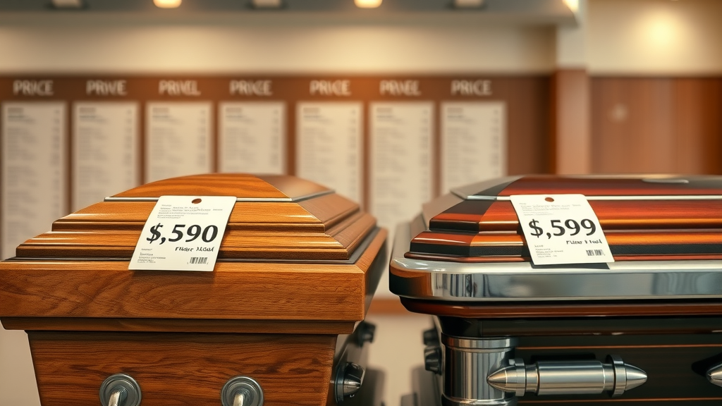 price tags displayed on wood and steel caskets comparing online and funeral home costs