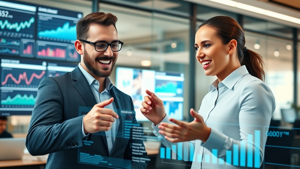 digital marketing professionals analyzing digital growth statistics, collaborating over digital displays and charts in modern office