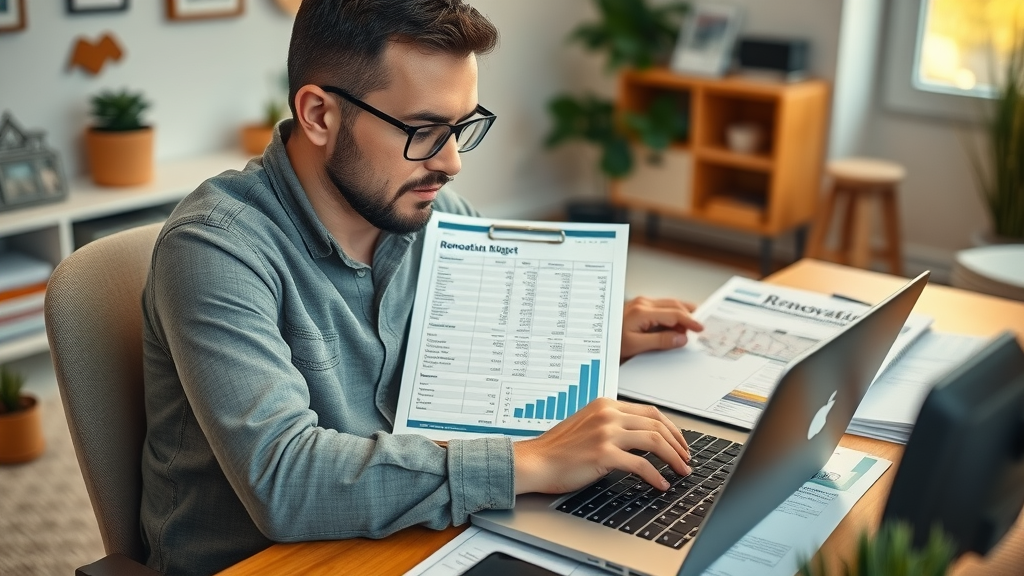 homeowner analyzing renovation budget spreadsheet during home improvement project